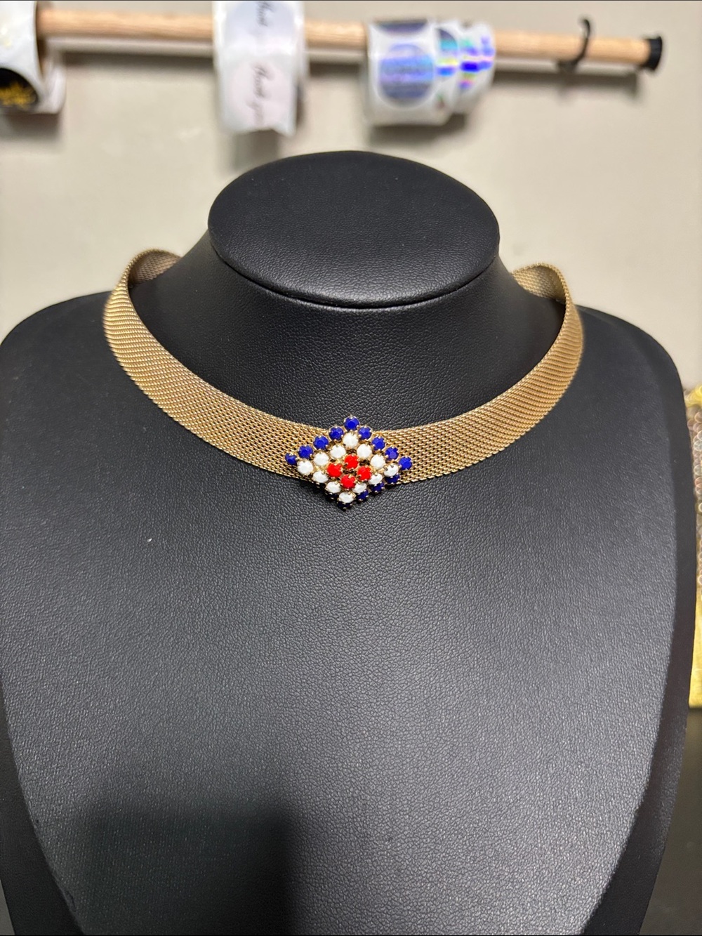 Vintage Gold Mesh Choker Necklace with Red, White & Blue Crystal Cluster
